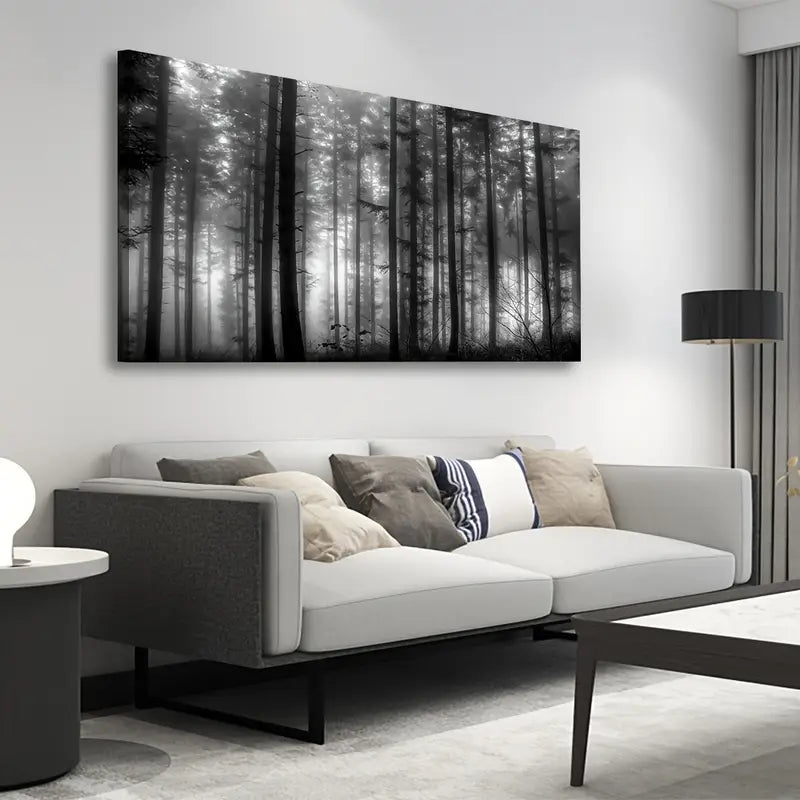 Foggy Forest Black & White Big Trees Wall Art canvas office home room framed 120x60cm - Bella Home Decor
