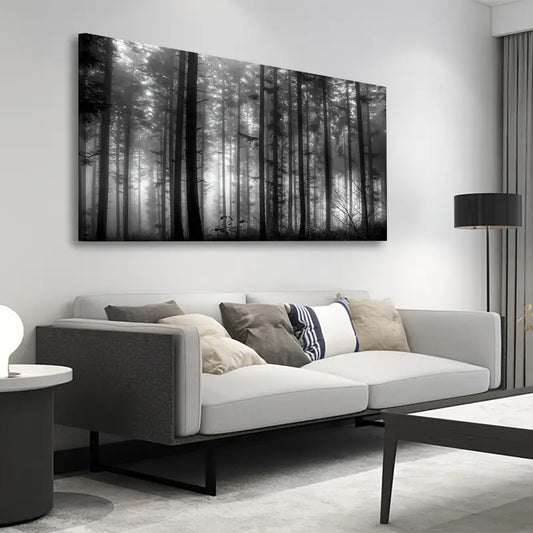 Foggy Forest Black & White Big Trees Wall Art canvas office home room framed 120x60cm - Bella Home Decor