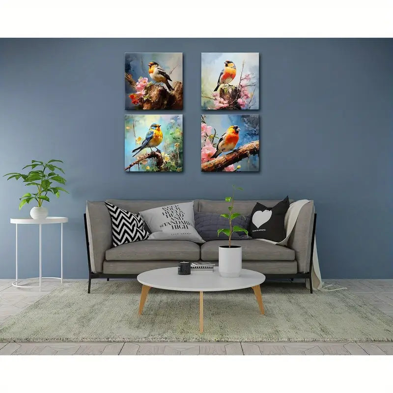 4pcs Colorful Birds With Flowers Wall Art Canvas Framed - Bella Home Decor