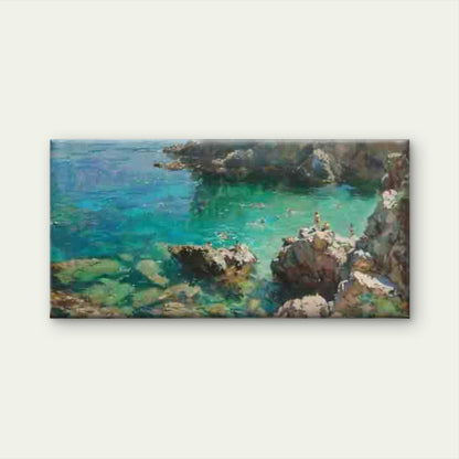 Blue Ocean Alongside a Rocky Wall Art Canvas Office Home Room Framed 120x60cm - Bella Home Decor
