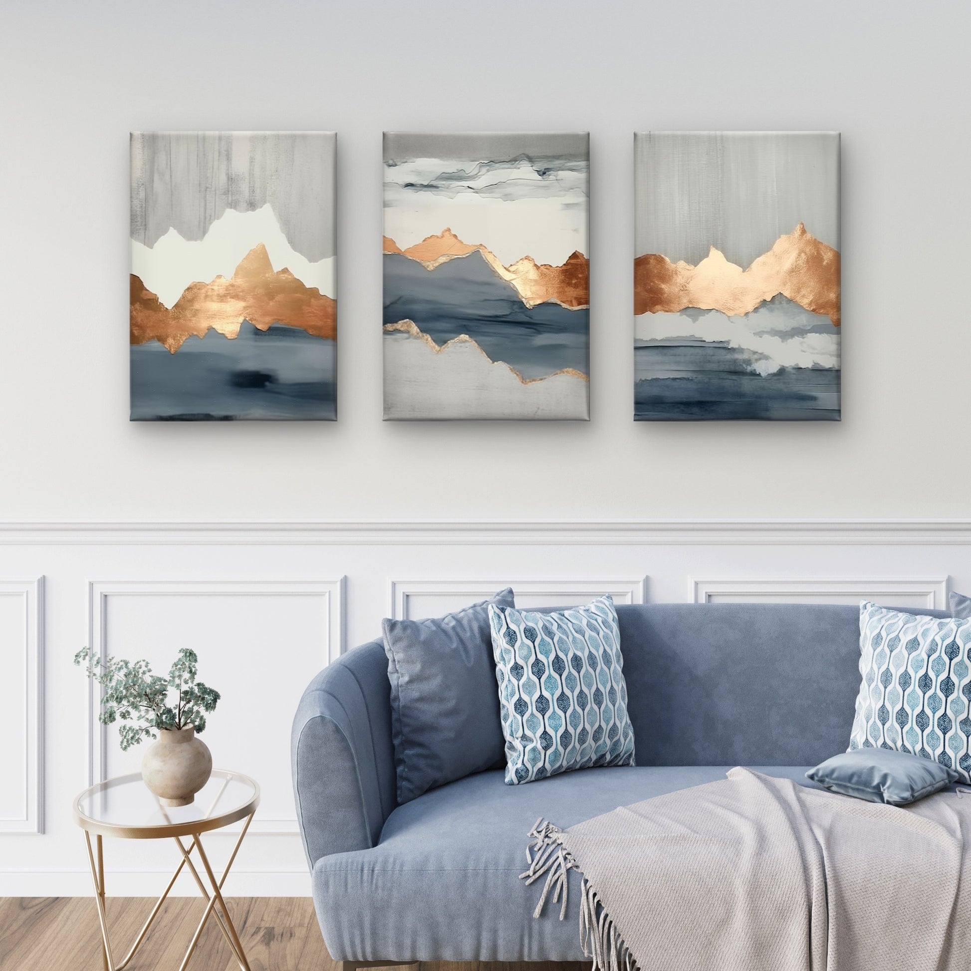 3pcs Abstract Blue Gray Rose Gold Foil Mountain Wall Art Set Canvas Framed 40x60cm - High Quality Print 100% Australian Made Wall Canvas Ready to Hang