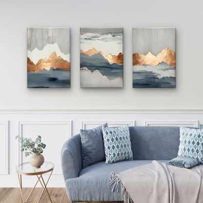 3pcs Abstract Blue Gray Rose Gold Foil Mountain Wall Art Set Canvas Framed 40x60cm - High Quality Print 100% Australian Made Wall Canvas Ready to Hang