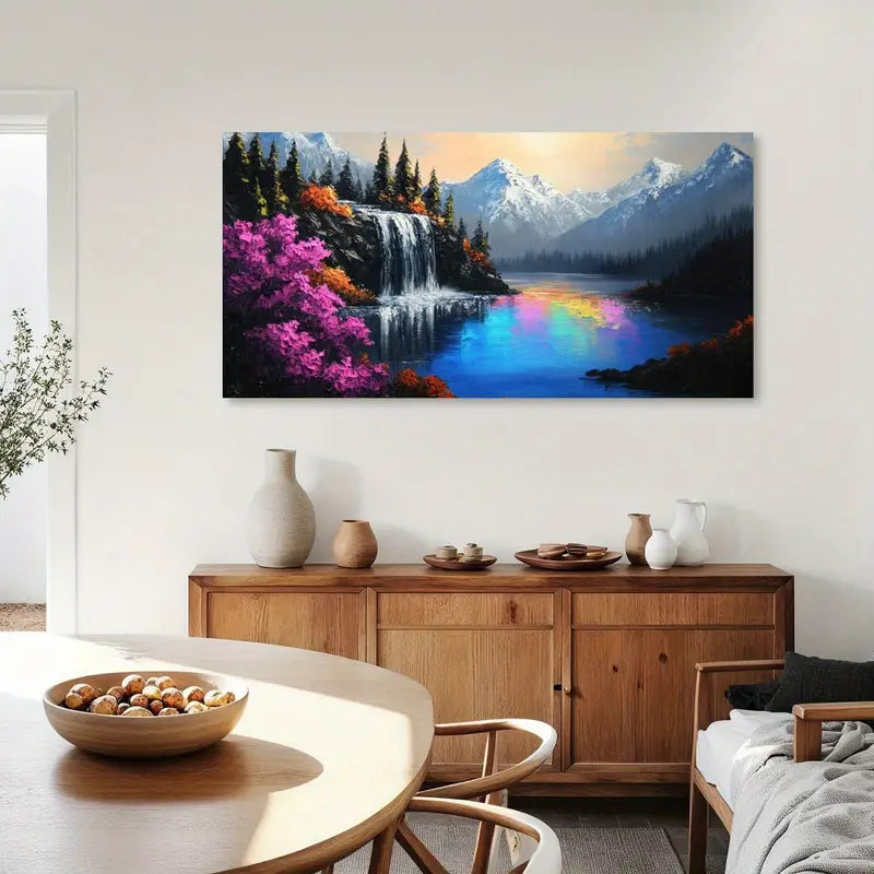 Waterfall Lake Snow-Capped Mountains & Forest Wall Art canvas office home room framed 120x60cm - Bella Home Decor