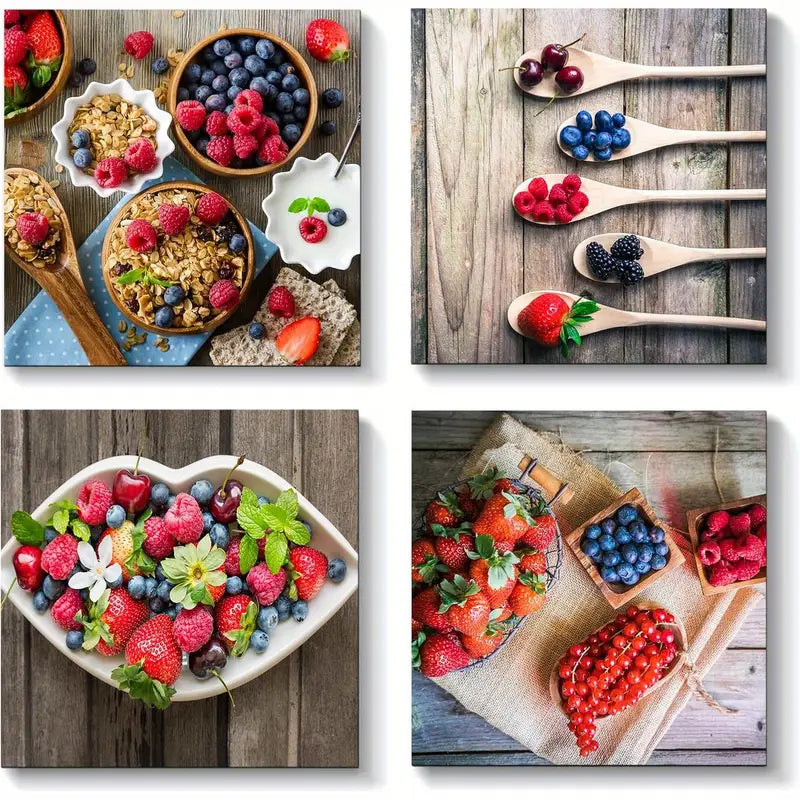 4pcs Fresh Strawberry Blueberry On Vintage Wood Wall Art Canvas Framed