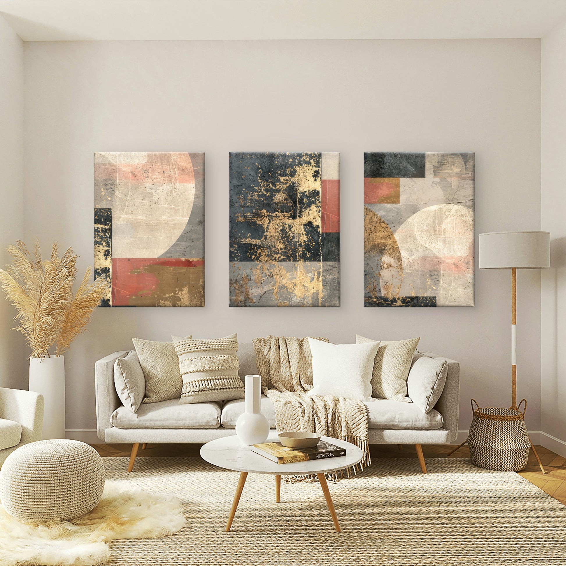 3pcs Abstract Dark Gray Red Gold Block Shapes Wall Art Set Canvas Framed 60x90cm - High Quality Print 100% Australian Made Wall Canvas Ready to Hang