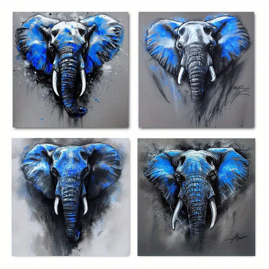 4pcs  Abstract  Blue & Gray Elephants GE  Wall Art Canvas Framed