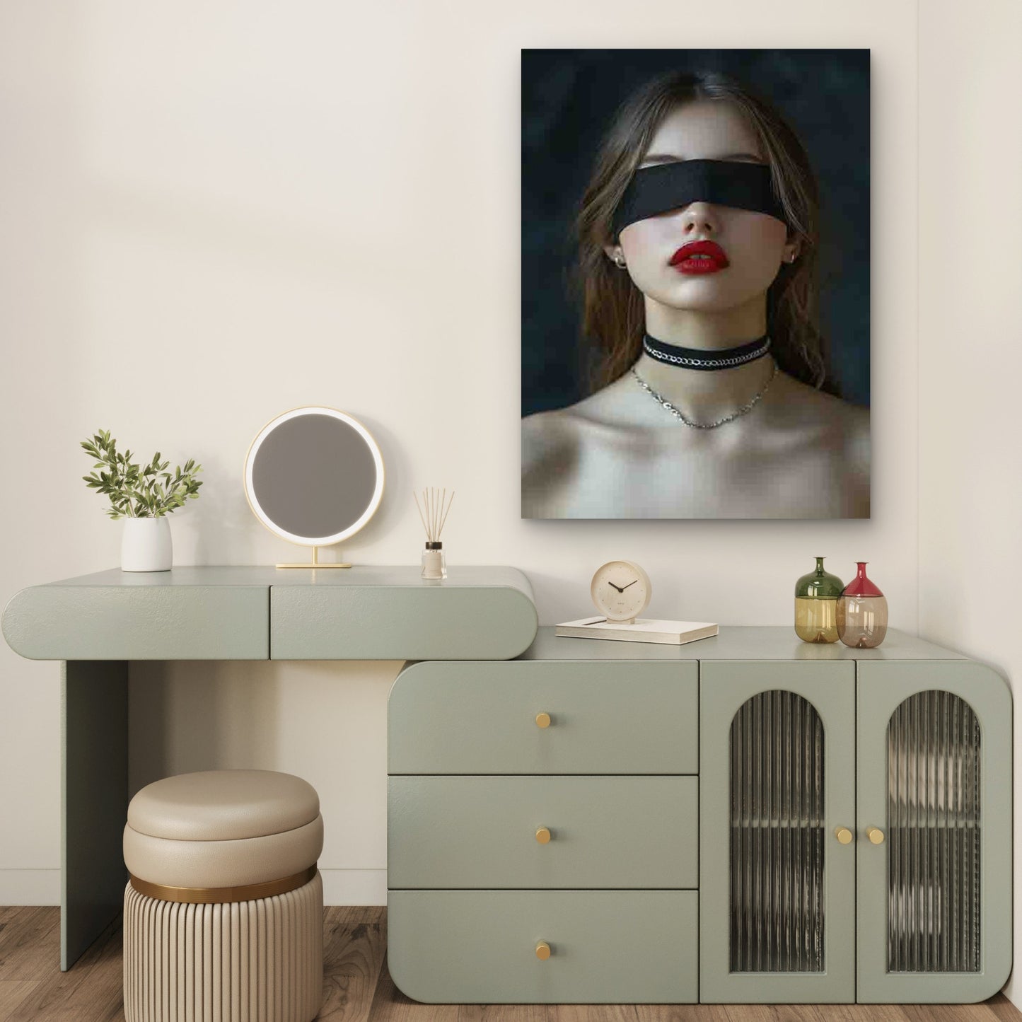 Woman with Red Lips Wearing a Black Eye Mask 40x60cm Metal Print Ready to Hang - Bella Home Decor