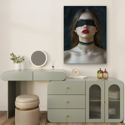 Woman with Red Lips Wearing a Black Eye Mask 40x60cm Metal Print Ready to Hang - Bella Home Decor