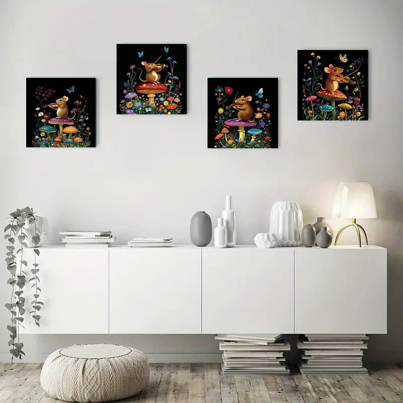 4pcs Playing Violin On Mushroom With Butterflies Wall Art Canvas Framed