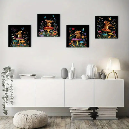 4pcs Playing Violin On Mushroom With Butterflies Wall Art Canvas Framed