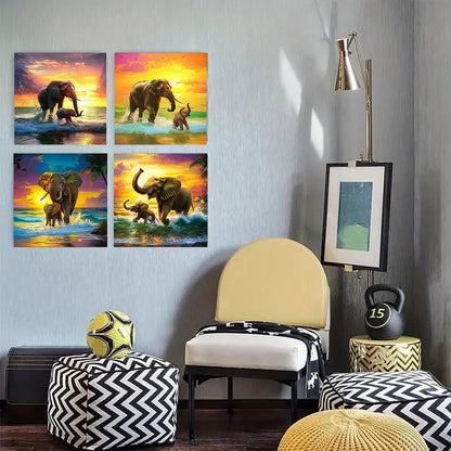 4pcs Seaside Elephants at Sunset  ES   Wall Art Canvas Framed