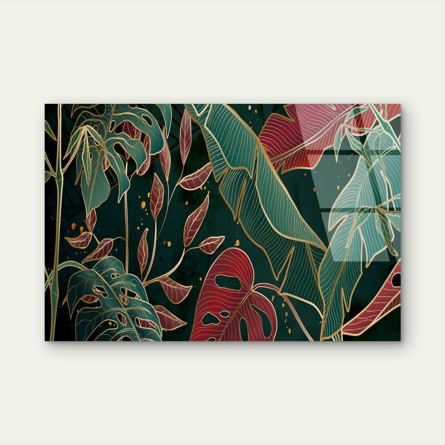Abstract Tropical Gold Line Foliage Acrylic Glass Printing Wall Art Australian Made Quality