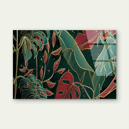 Abstract Tropical Gold Line Foliage Acrylic Glass Printing Wall Art Australian Made Quality