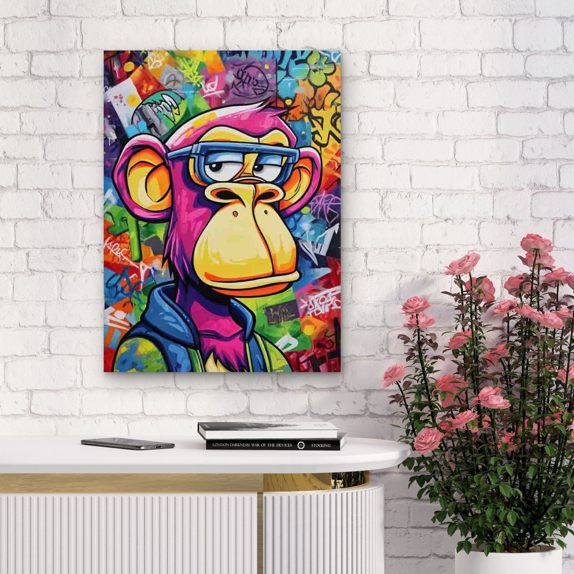Pink Hair Monkey & Glasses Graffiti 60x90cm Metal Print Ready to Hang - Bella Home Decor