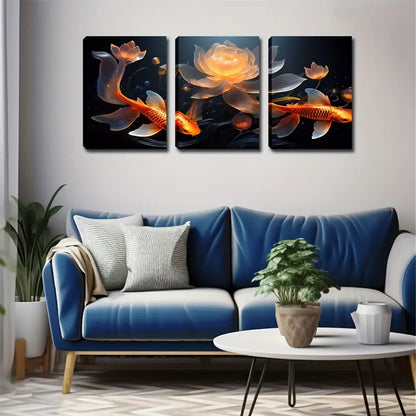 3pcs Serene For Lotus & Goldfish Design, Metal Print Ready to Hang Art