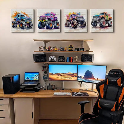 4pcs Vivid Monster Truck Wall Art Canvas Framed