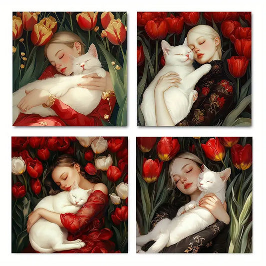 4pcs Beautiful Woman and White Cat Flower  Wall Art Canvas Framed