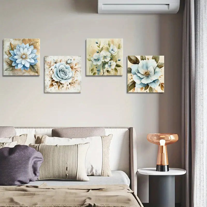 4pcs Blue Floral  Botanical Illustration  BG Wall Art Canvas Framed