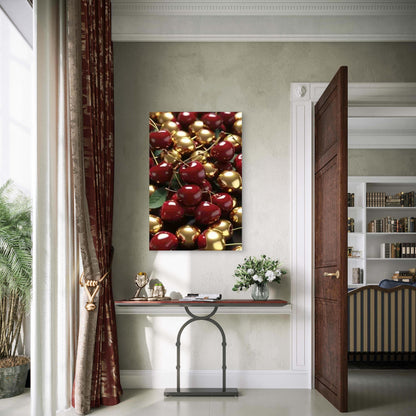 Golden And Red Cherries with Green Leaves Metal Print Ready to Hang - Bella Home Decor