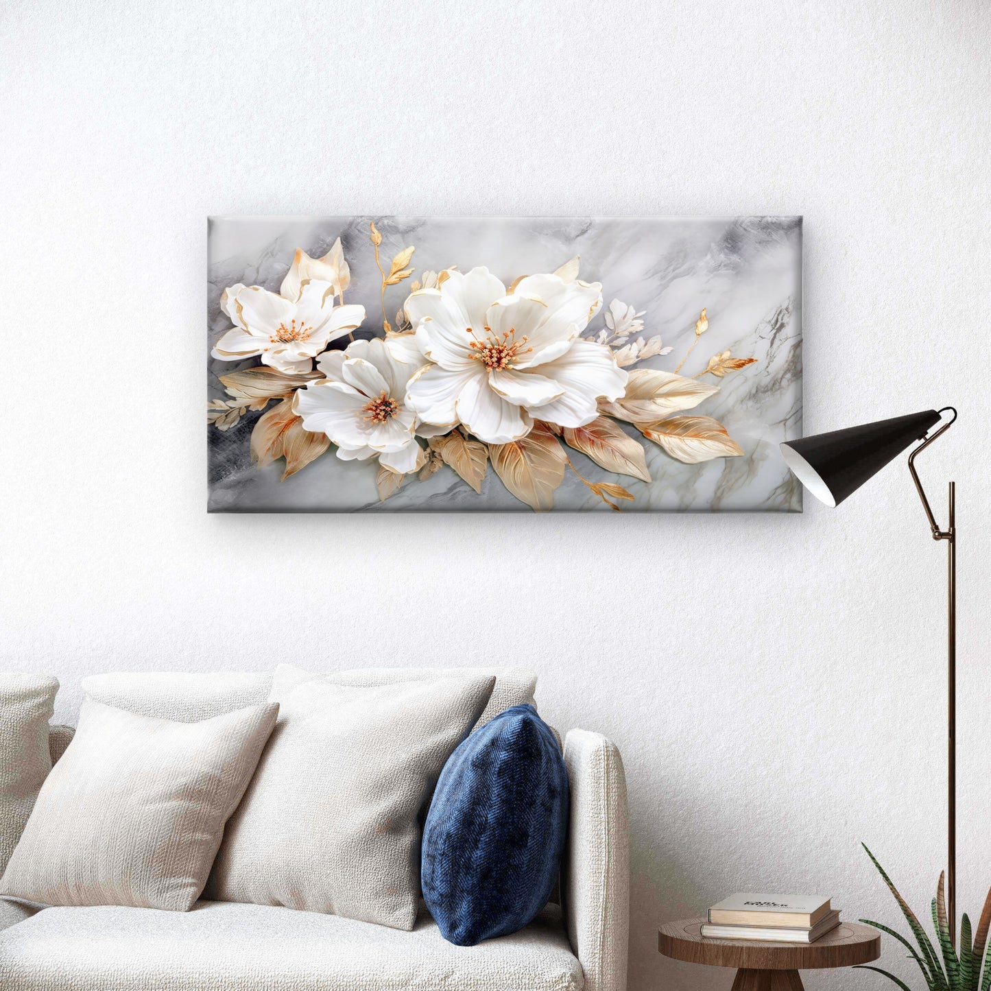 Modern Gold Leaf White Blossom Wall Art Canvas Office Home Framed 120x60cm