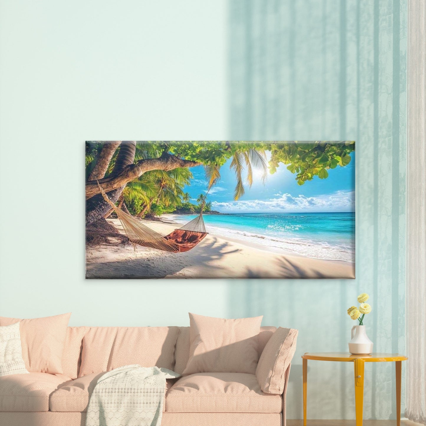Hammock Tropical Paradise Sea Wall Art Canvas Office Home Room Framed 120x60cm - Bella Home Decor