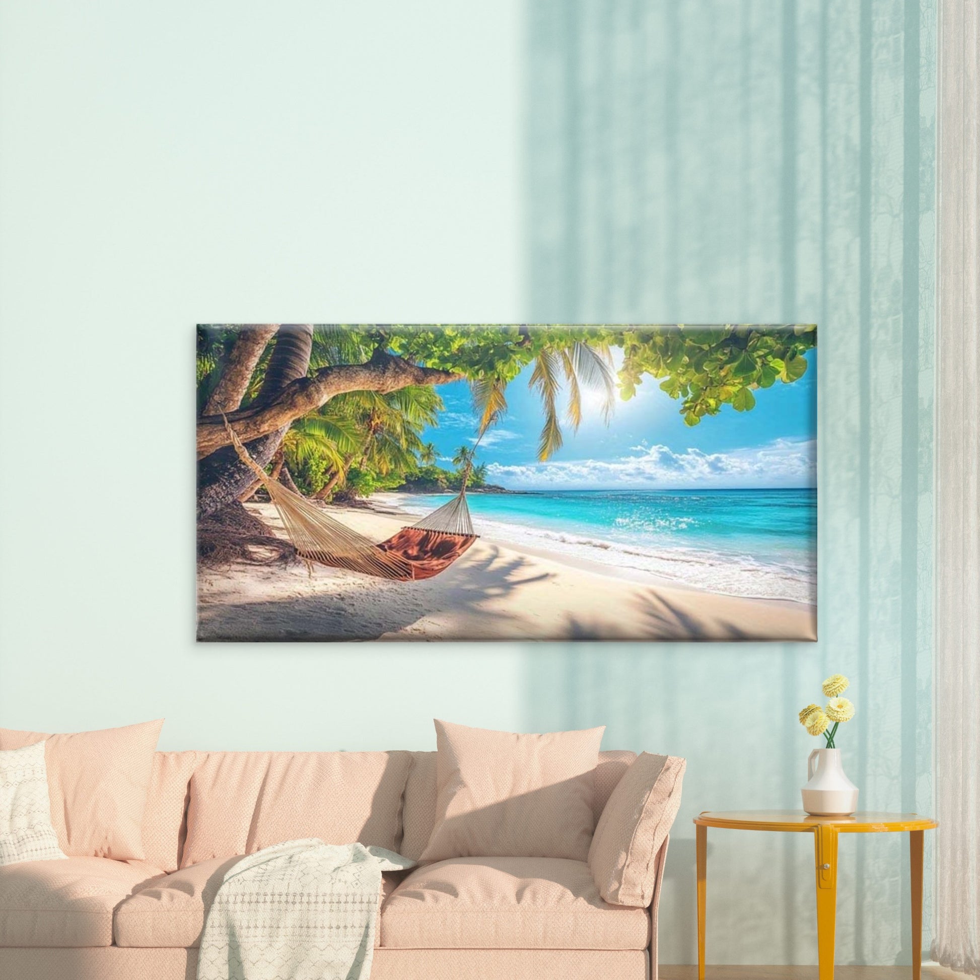 Hammock Tropical Paradise Sea Wall Art Canvas Office Home Room Framed 120x60cm - Bella Home Decor