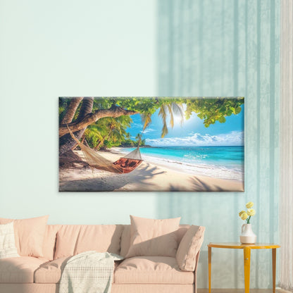 Hammock Tropical Paradise Sea Wall Art Canvas Office Home Room Framed 120x60cm - Bella Home Decor