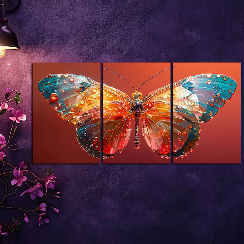 3pcs Luxurious  Crystal Butterfly Wall Art Set Canvas Framed 50x70cm - High Quality Print 100% Australian Made Wall Canvas Ready to Hang