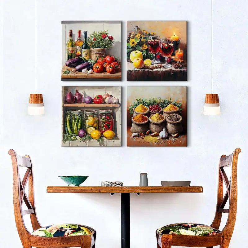 4pcs Rustic Vintage Healthy Vegetables Wall Art Canvas Framed