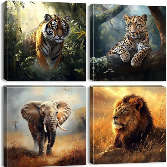 4pcs Lion, Elephant, Cheetah & Tiger Jungle Wall Art Canvas Framed