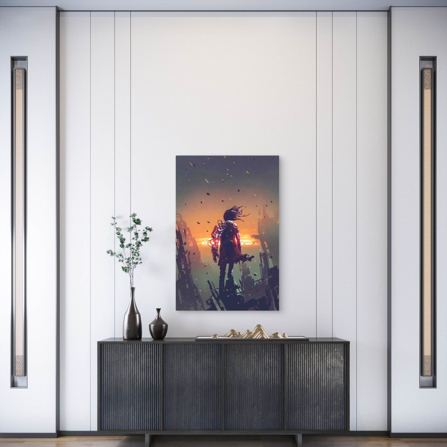 Man With Robotic Arm Standing On Ruined Buildings Metal Print Ready to Hang