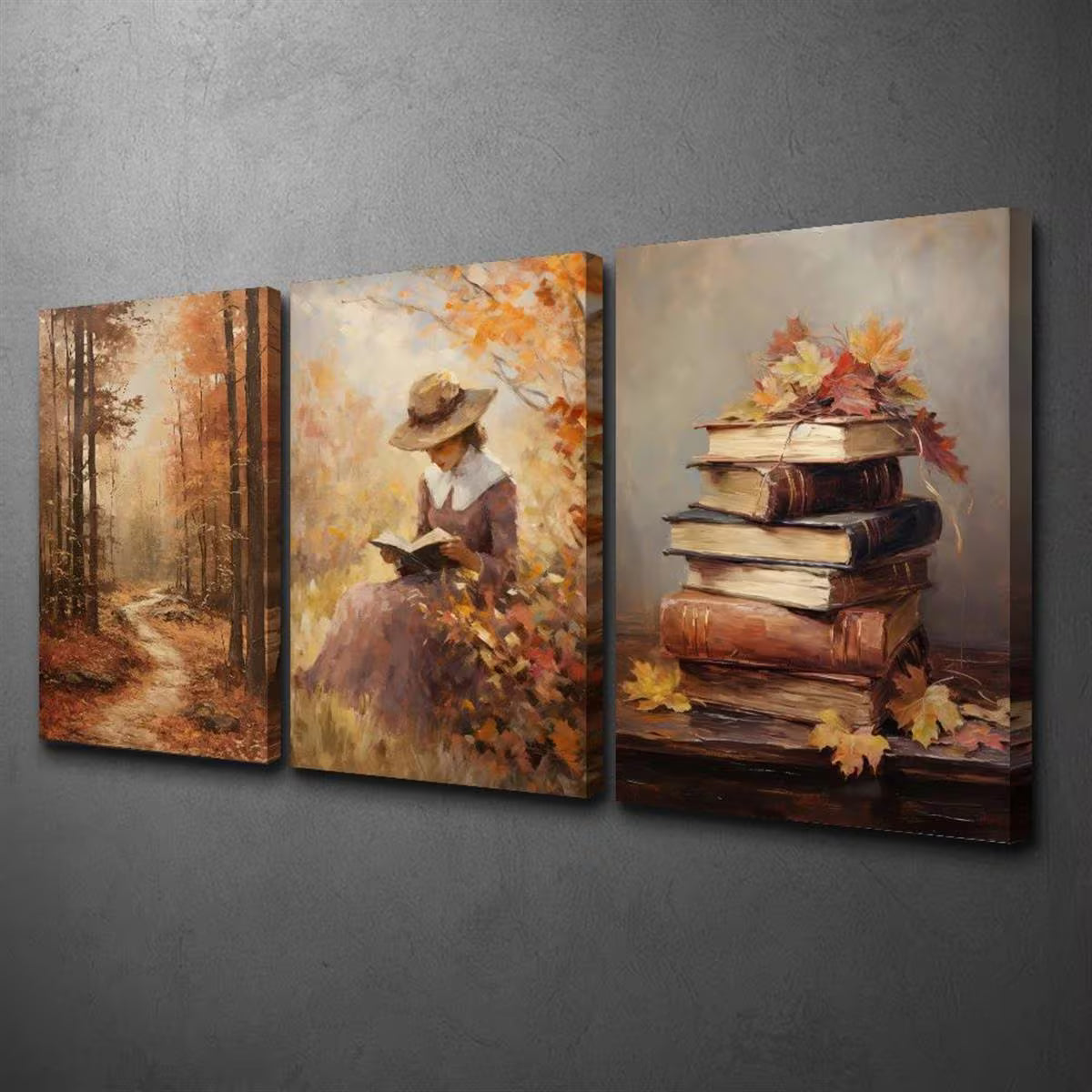 3pcs Rural Cottage Women Books Forests Vintage Autumn Wall Art Set Canvas Framed 40x60cm - High Quality Print 100% Australian Made Wall Canvas Ready to Hang