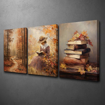3pcs Rural Cottage Women Books Forests Vintage Autumn Wall Art Set Canvas Framed 40x60cm - High Quality Print 100% Australian Made Wall Canvas Ready to Hang
