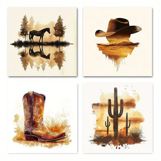 4pcs Western Cowboy Canvas Wall Art Canvas Framed