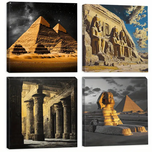 4pcs Deco Egyptian Pyramid & Sphinx  Wall Art Canvas Framed