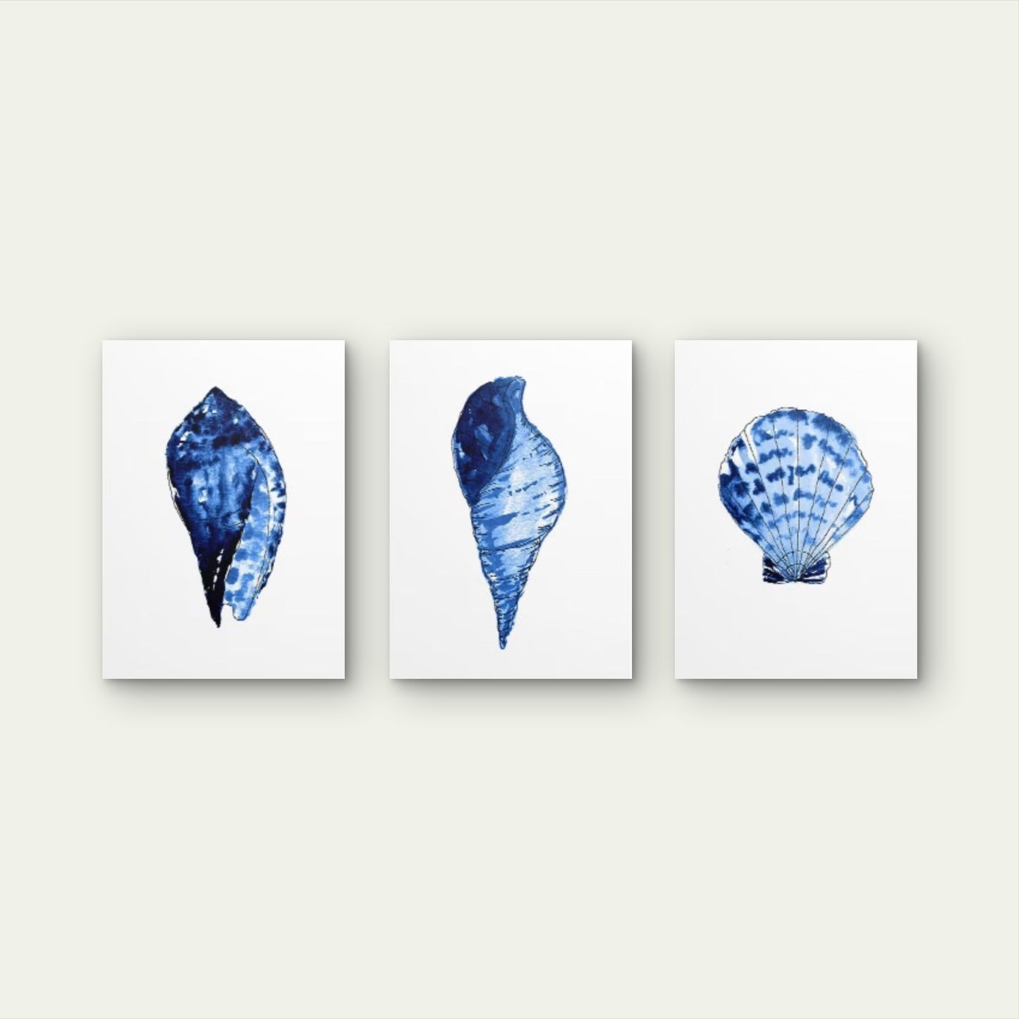 3pcs Coastal Blue Watercolor Seashell Marine Life Ocean Beach Hamptons Wall Art Set Canvas Framed 50x70cm - High Quality Print 100% Australian Made Wall Canvas Ready to Hang