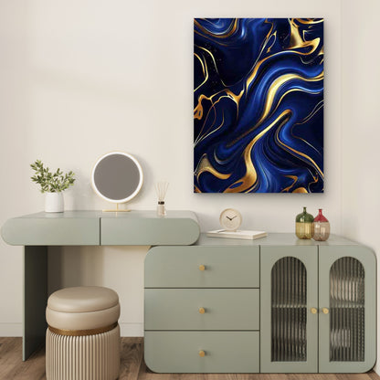 Deep Blue & Golden Fluid Lines Abstract Art 40x60cm Metal Print Ready to Hang - Bella Home Decor