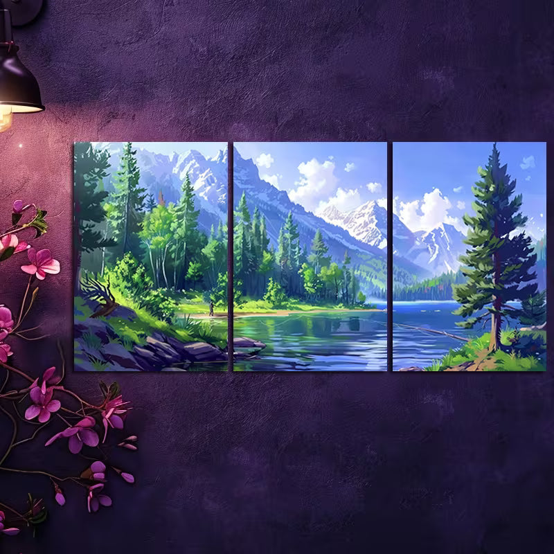 3pcs Green Forests, and Serene Water Wall Art Set Canvas Framed 50x70cm - High Quality Print 100% Australian Made Wall Canvas Ready to Hang