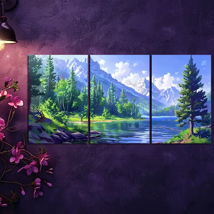 3pcs Green Forests, and Serene Water Wall Art Set Canvas Framed 50x70cm - High Quality Print 100% Australian Made Wall Canvas Ready to Hang