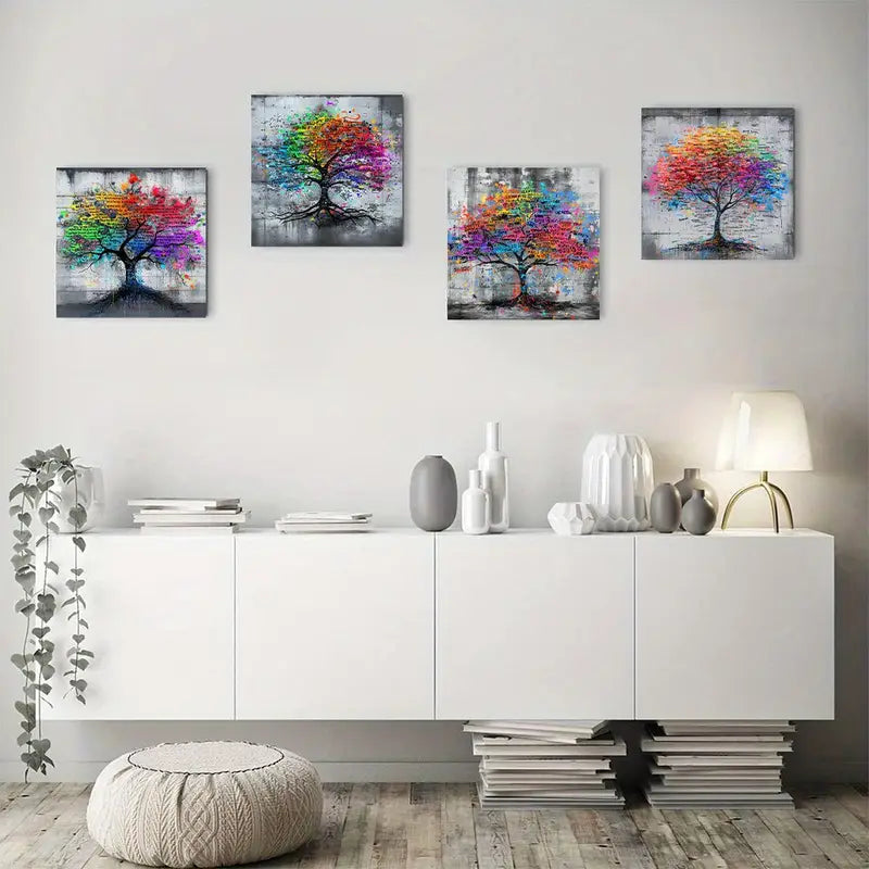 4pcs  Colorful Graffiti Tree Paintings GH    Wall Art Canvas Framed