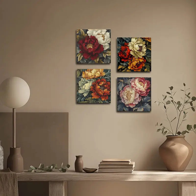 4pcs Poney Rose Flower Wall Art Canvas Framed - Bella Home Decor