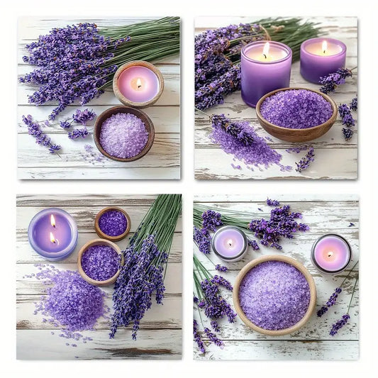 4pcs Rustic Country Lavender Floral Purple Candle Wall Art Canvas Framed