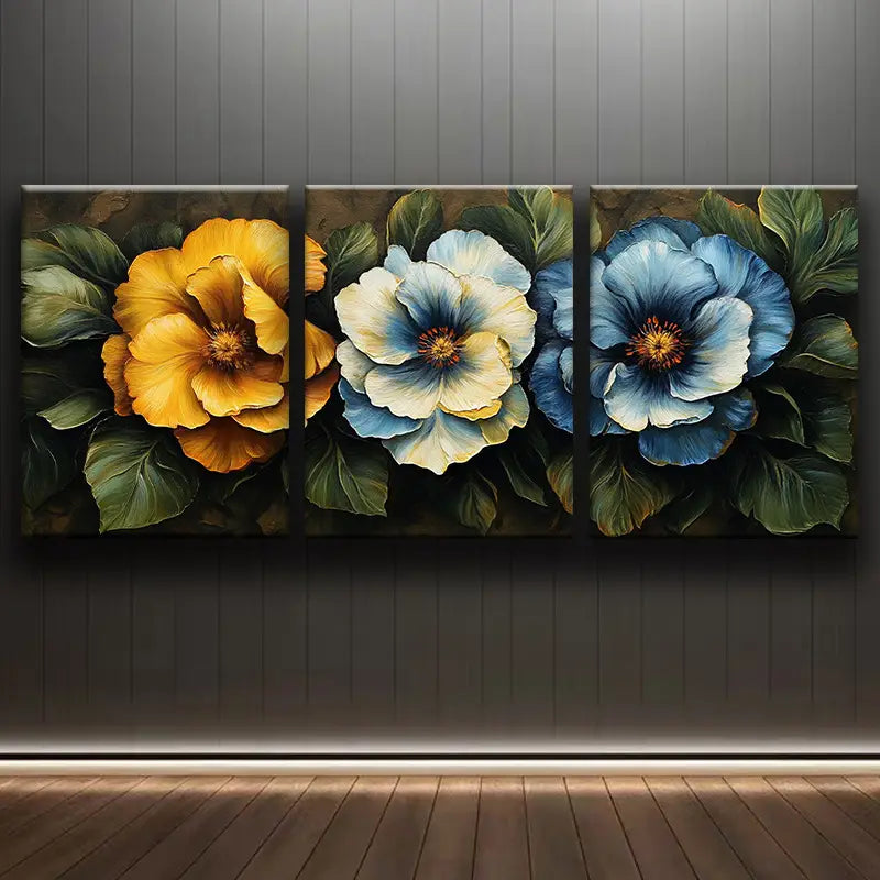 3pcs Yellow, Blue & White Flowers Metal Print Ready to Hang Art