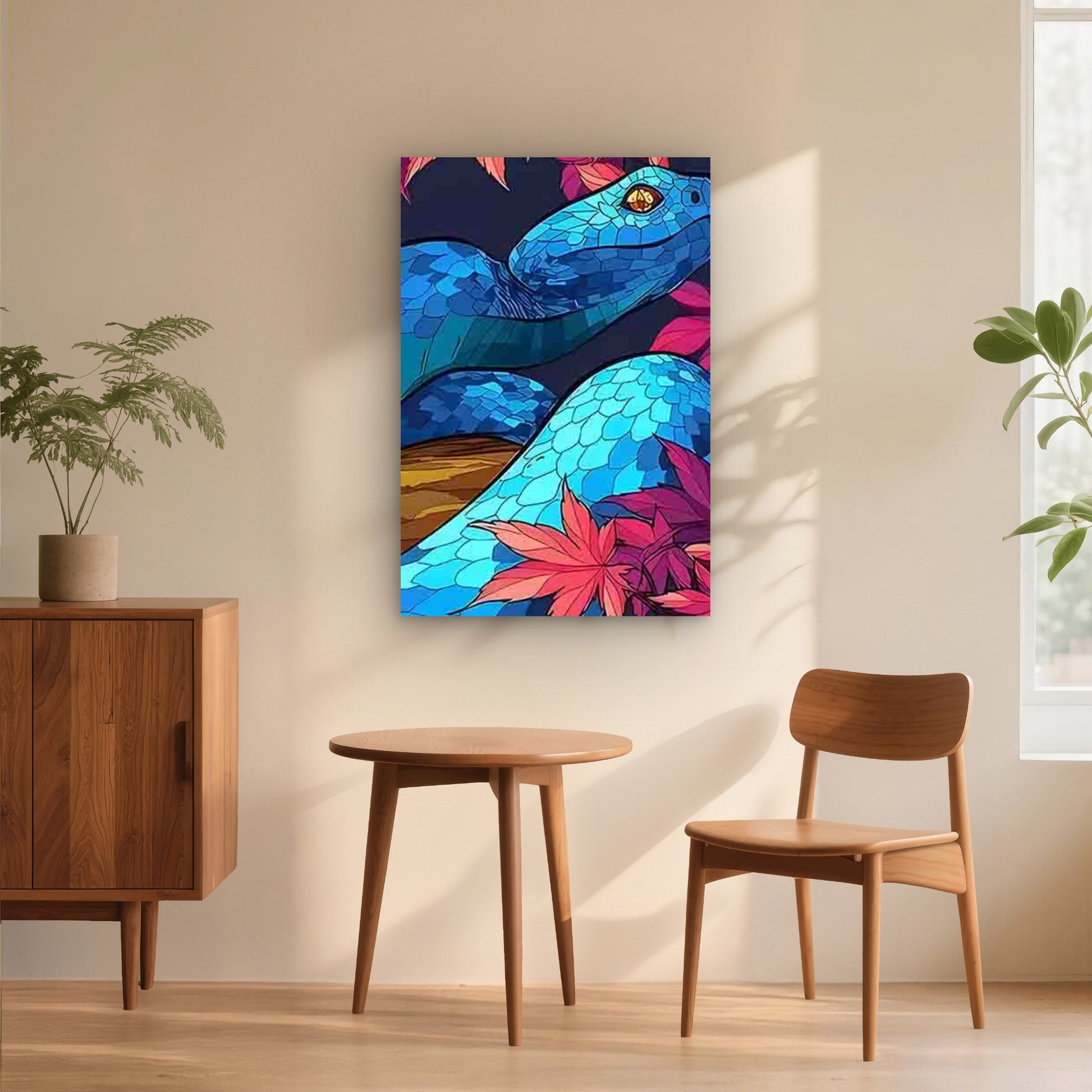 Blue-Scaled Snake with Pink Maple Leaves 60x90cm Metal Print Ready to Hang - Bella Home Decor