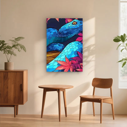 Blue-Scaled Snake with Pink Maple Leaves 60x90cm Metal Print Ready to Hang - Bella Home Decor