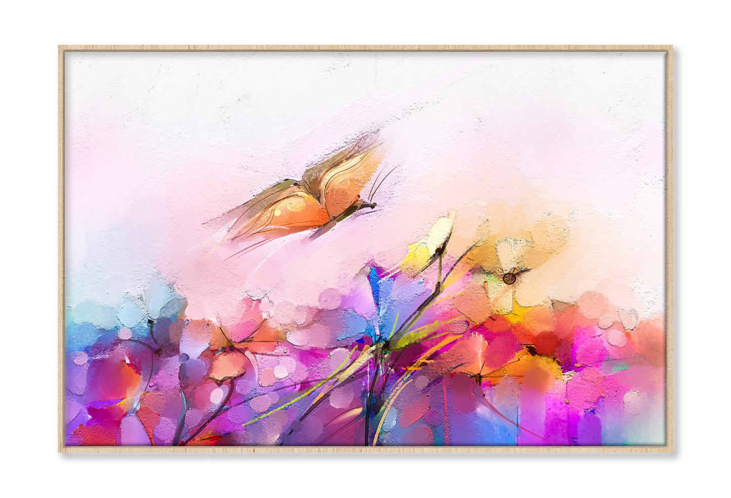 Abstract Butterfly Flying over Spring Flowers Painting Wall Art Limited Edition High Quality Print Canvas Box Framed Natural