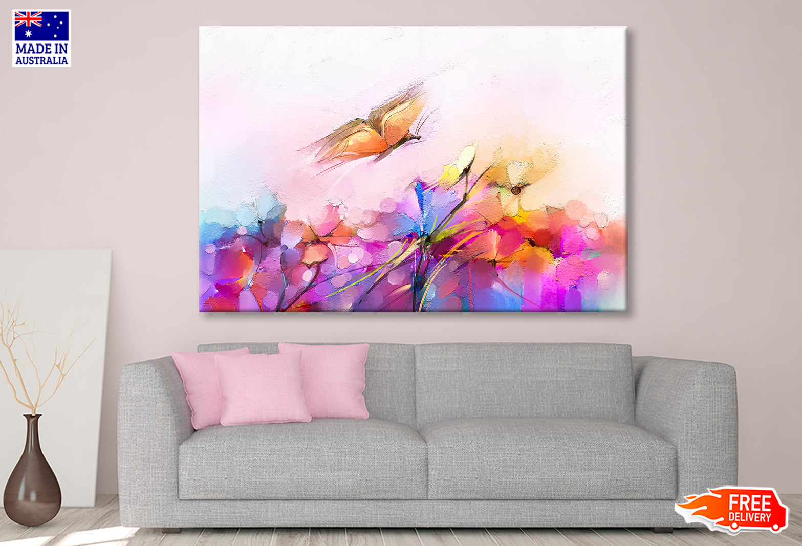 Abstract Butterfly Flying over Spring Flowers Painting Wall Art Limited Edition High Quality Print