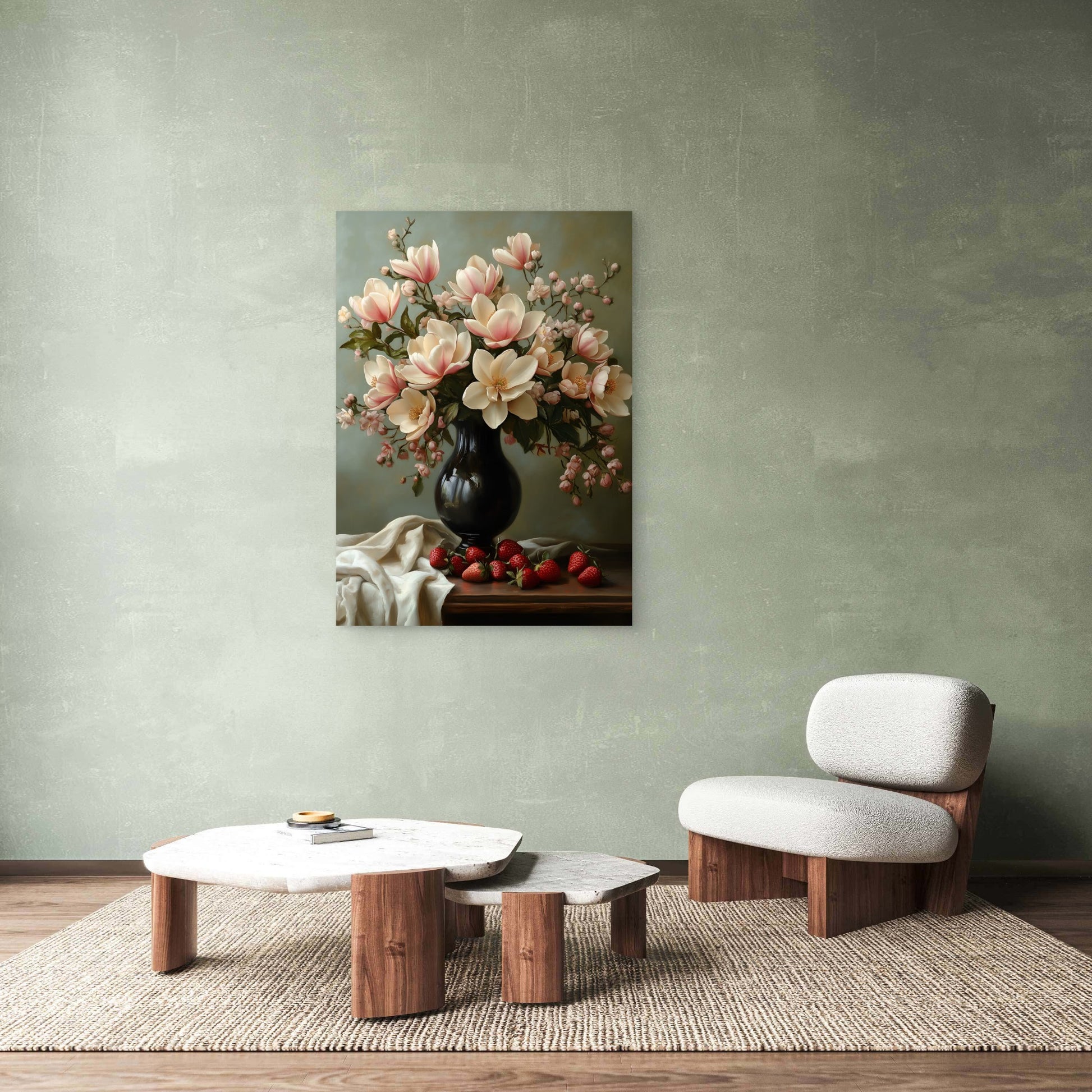 Magnolia Vase and Strawberries Table 60x90cm Metal Print Ready to Hang - Bella Home Decor