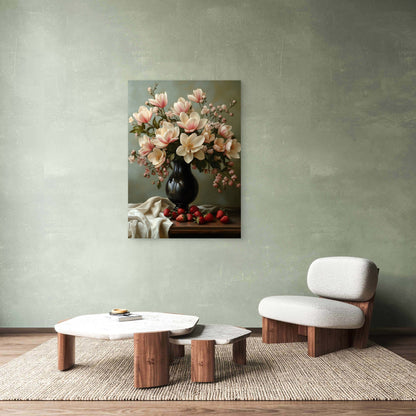 Magnolia Vase and Strawberries Table 60x90cm Metal Print Ready to Hang - Bella Home Decor