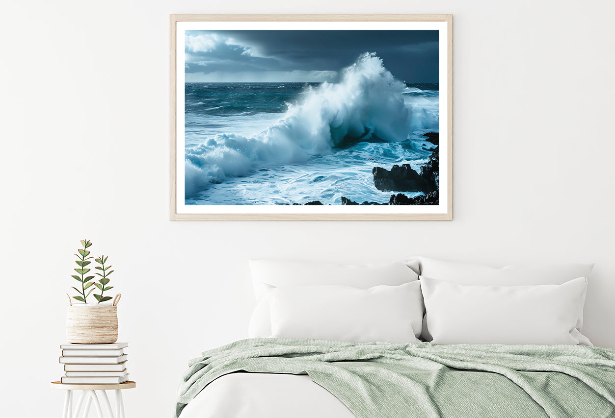 Large Wave Crashing Into Rocks, Sky Home Decor Premium Quality Poster Print Choose Your Sizes